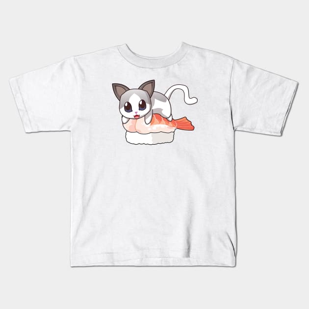 White Cat Shrimp Sushi Kids T-Shirt by Myanko